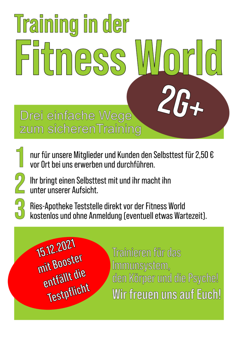 Fitness World Corona Info Plakat mit 2G+ Regelung und Booster Upate